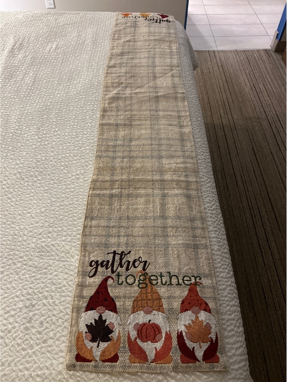Fall Themed Table Runner with Gnome Design and 'Gather Together' Text